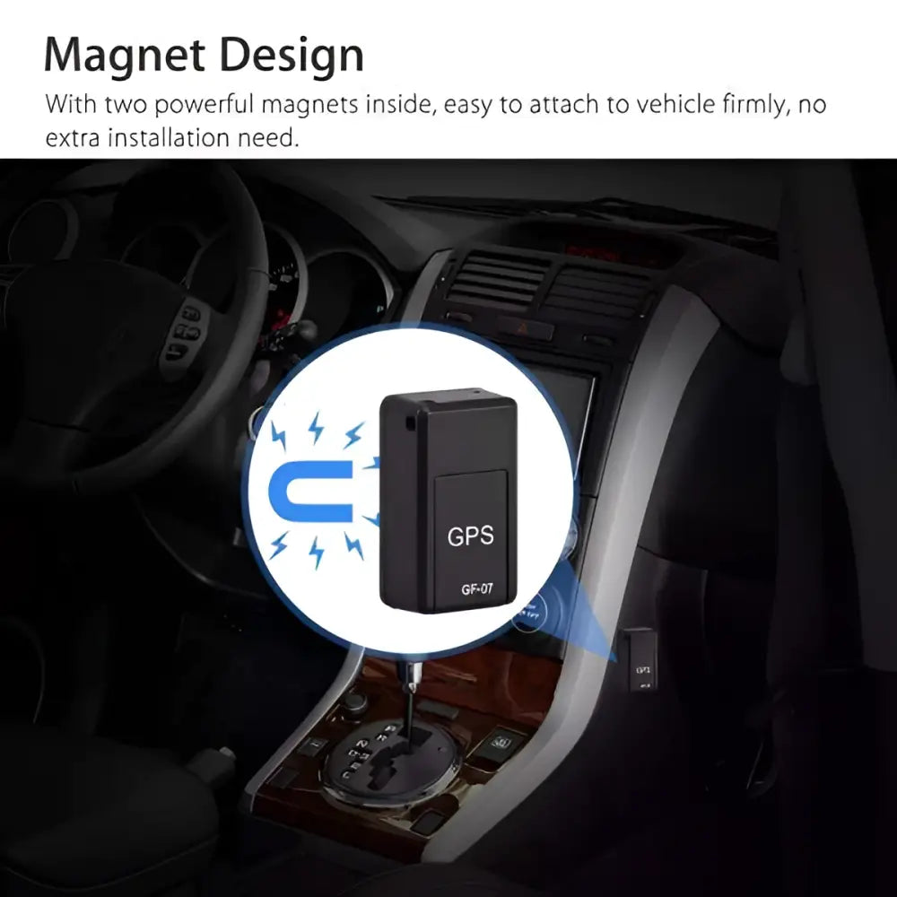 Black rectangular magnetic gf07 mini gps real time tracker with gps and gf-07 printed on its surface