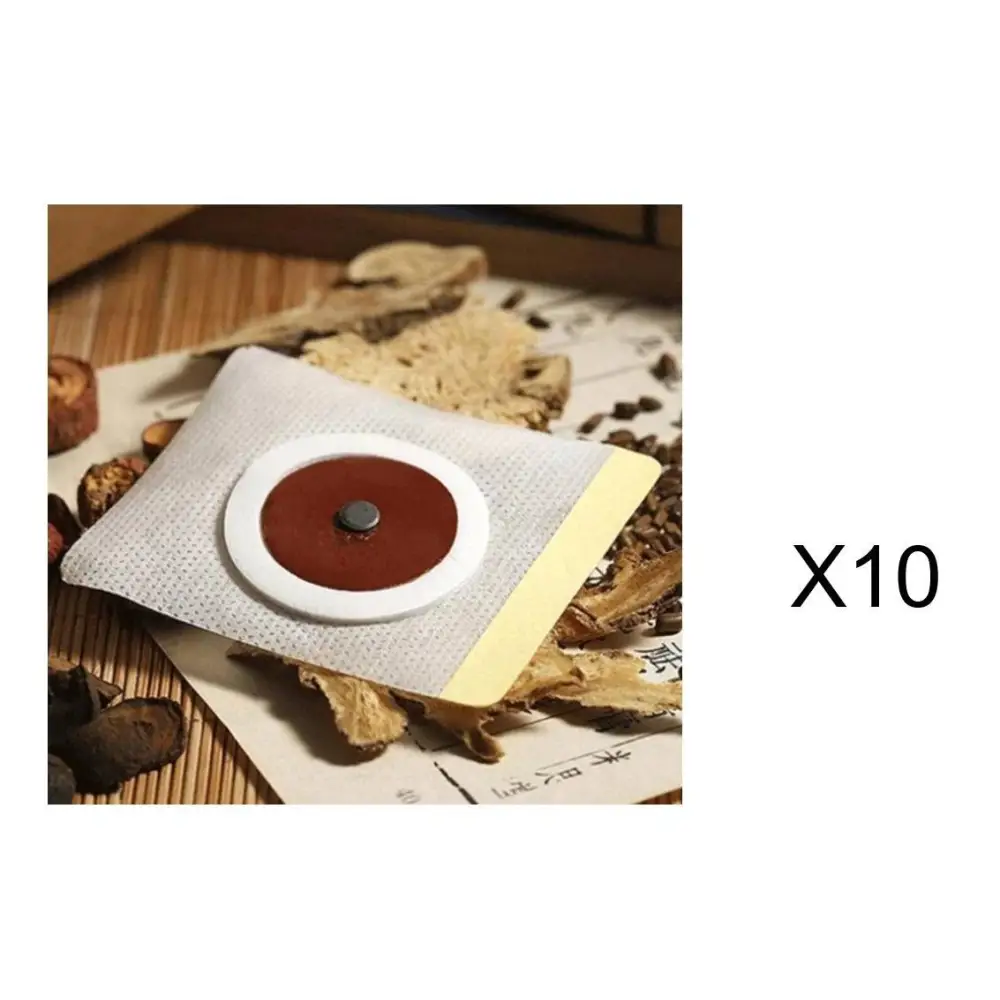 Magnetic slimming belly button patch with white mesh backing, brown center, white rim, and metallic disc core