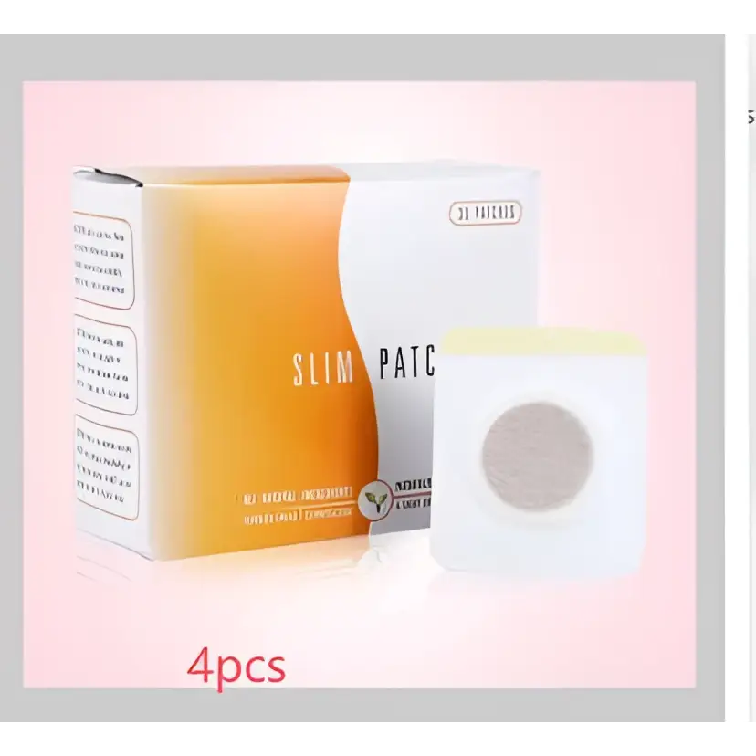 A white and orange box of magnetic slimming belly button patch with a single circular mesh button patch displayed beside it