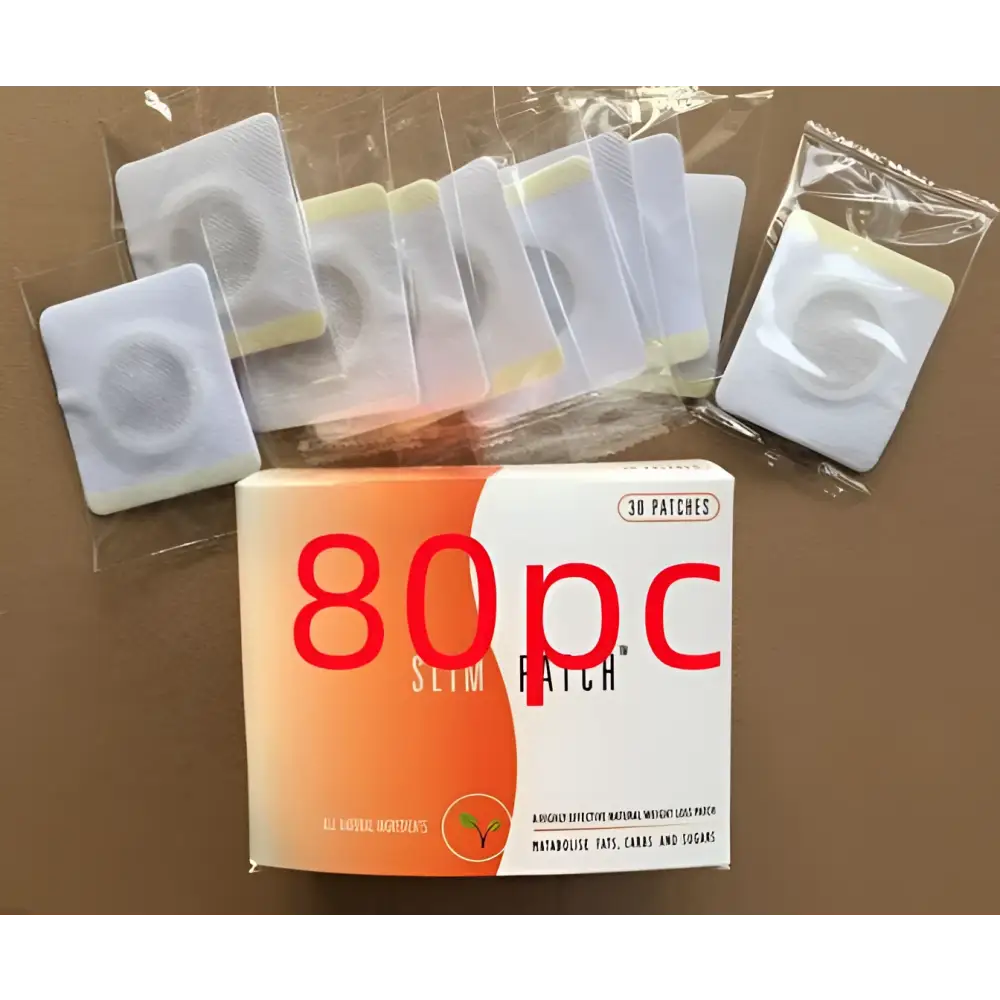 A box of 80pc magnetic slimming belly button patch weight loss patches with orange white design and clear packaging