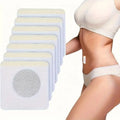 Magnetic slimming white square belly button patch with circular mesh design applied on woman’s torso side