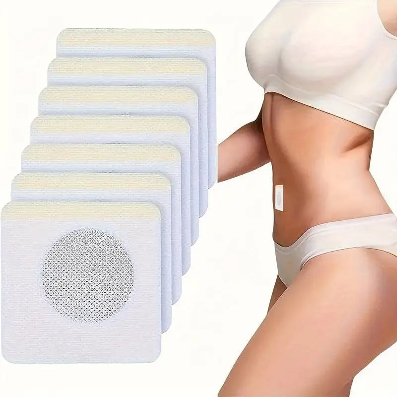 Magnetic slimming white square belly button patch with circular mesh design applied on woman’s torso side