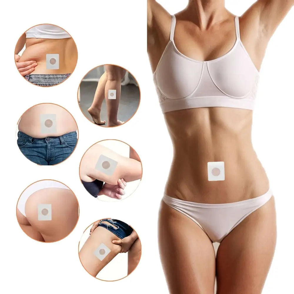 White square adhesive magnetic slimming belly button patch with central circular indentation for body contouring