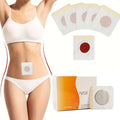 White square magnetic slimming belly button patch with circular mesh center and red dot in orange and white box packaging