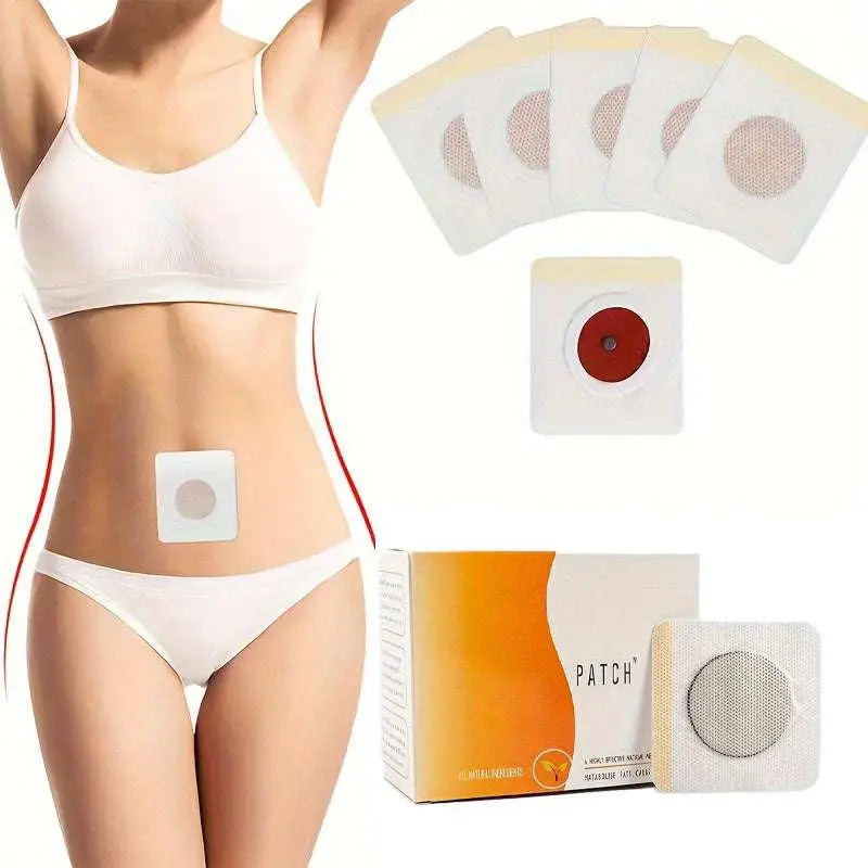 White square magnetic slimming belly button patch with circular mesh center and red dot in orange and white box packaging