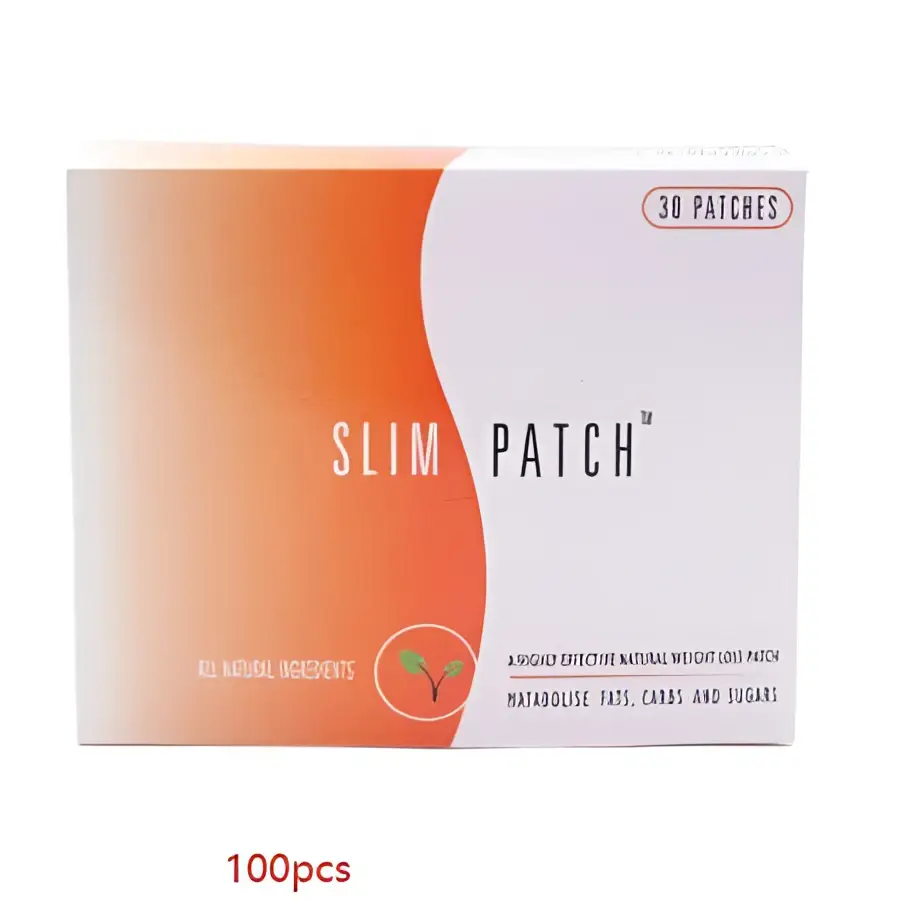 A sleek white and orange box of magnetic slimming belly button patch with bold black text and minimalist design