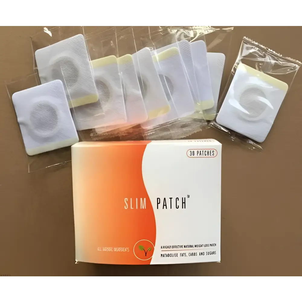 Magnetic slimming belly button patch box with 30 orange and white adhesive button patch slimming pads visible in clear packaging