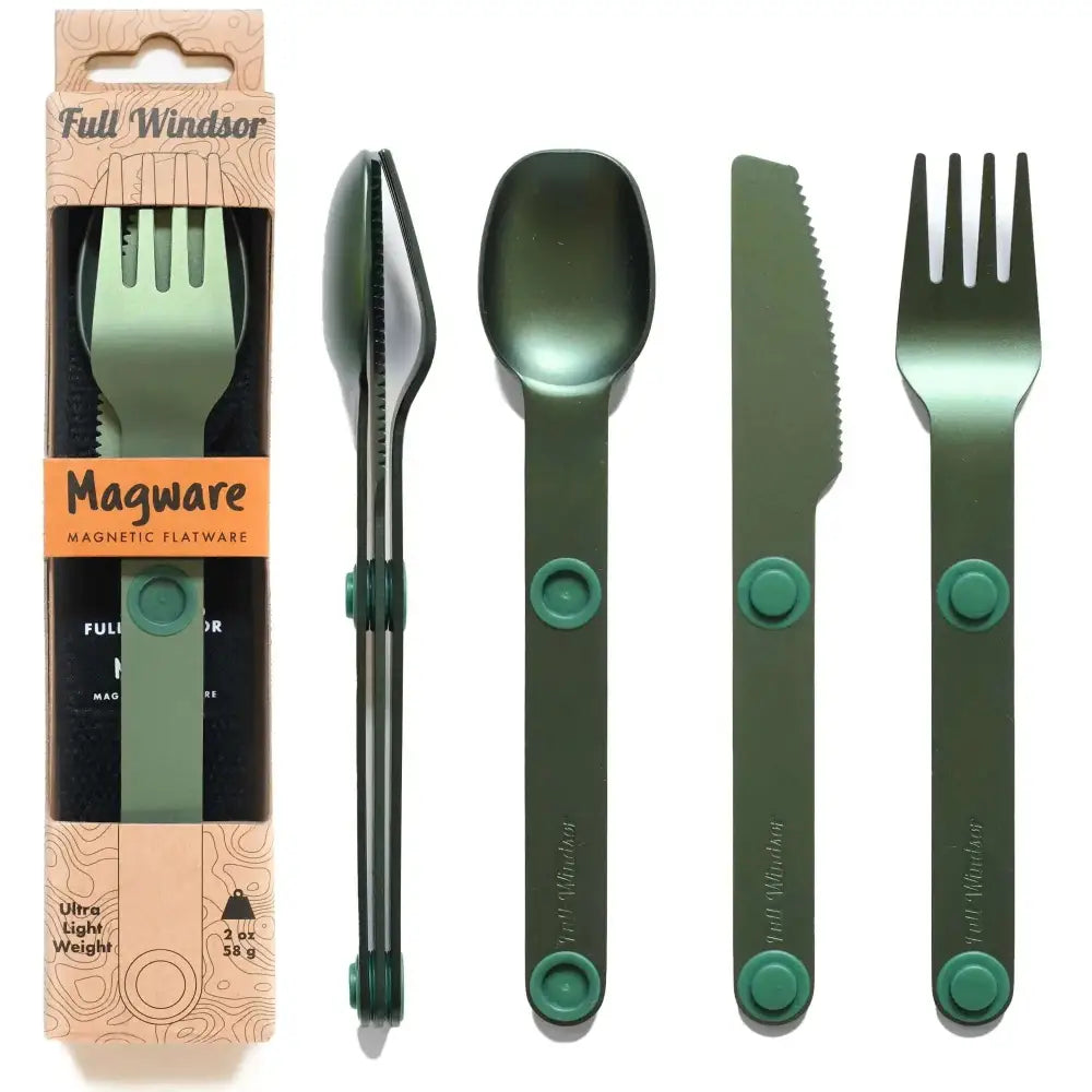 Olive green magnetic stainless steel travel utensils set by full windsor with teal circular magnets on spoon knife and fork