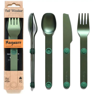 Olive green magnetic stainless steel travel utensils set by full windsor with teal circular magnets on spoon knife and fork