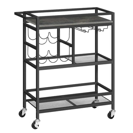MAHANCRIS Bar Cart for Home 3 - Tier Serving Cart with Wheels and Handle Beverage Cart with Wine Rack and Glass Holders Rolling Wine Cart for Kitchen Dining Room Charcoal Gray and Black RCHT6101 - Royalessencelux