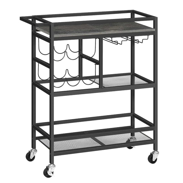 MAHANCRIS Bar Cart for Home 3 - Tier Serving Cart with Wheels and Handle Beverage Cart with Wine Rack and Glass Holders Rolling Wine Cart for Kitchen Dining Room Charcoal Gray and Black RCHT6101 - Royalessencelux