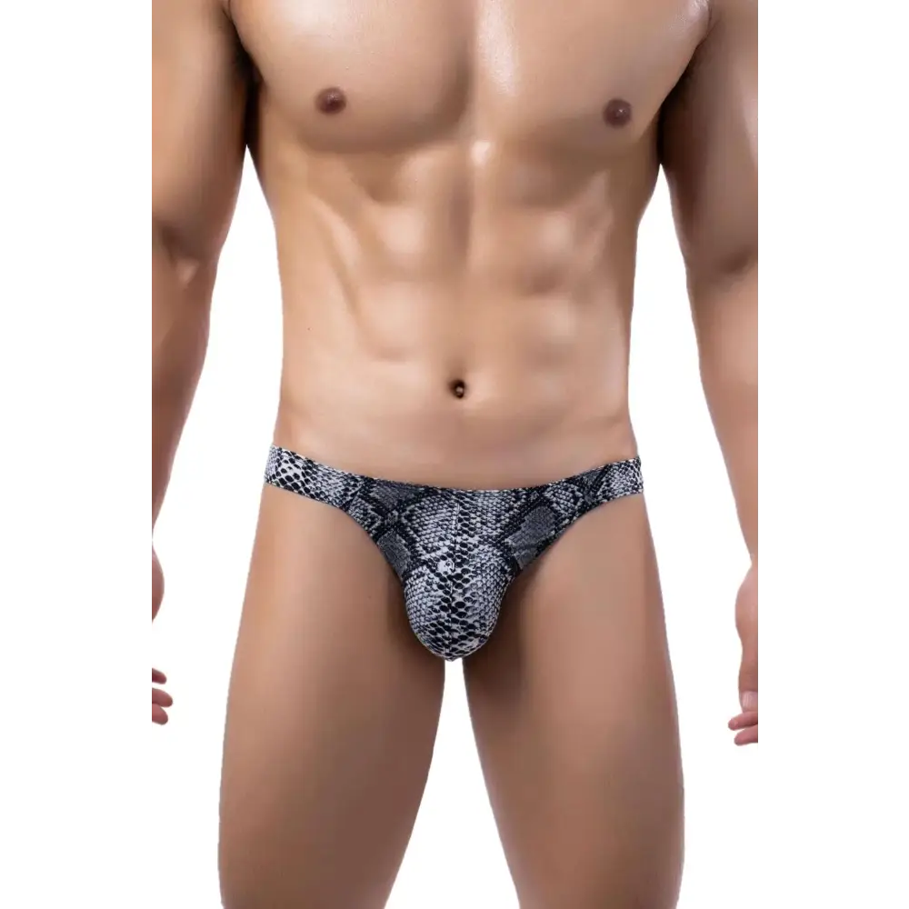 Maiclaice mens ice silk snake skin briefs in black and gray pattern featuring breathable fabric for daily comfort