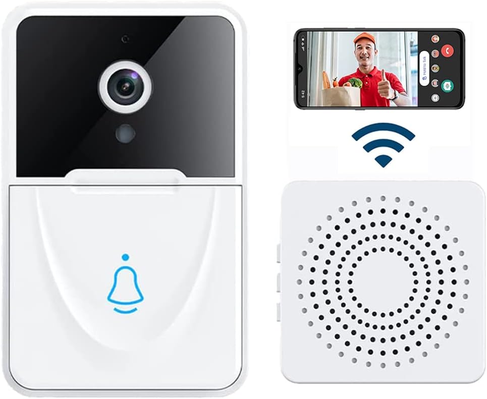 white wireless video doorbell with black camera lens and blue bell icon paired with matching white 9e9e9e chime speaker featuring display -ms-flexbox design