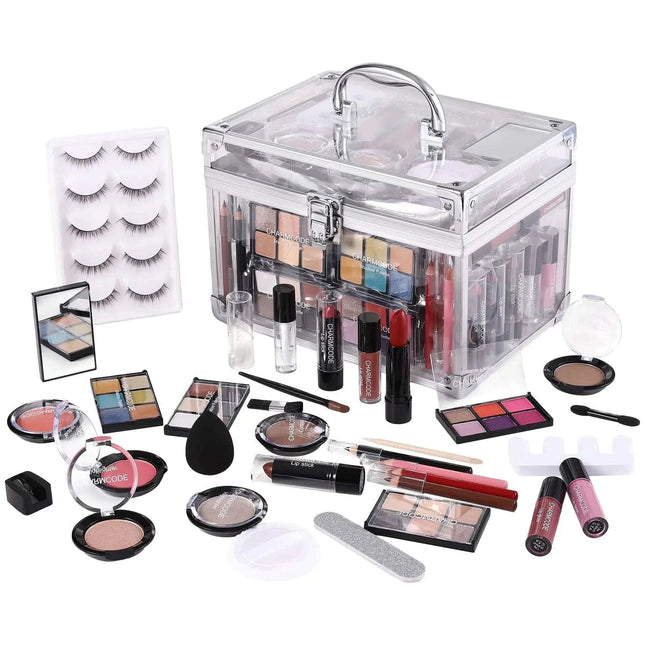 Makeup Kit for Women Full Kit - Eyeshadow Palette Lipsticks Lipgloss Blushes Contour Highlighters Makeup Pencil False Eyelashes Re - usable Train Case Gift Set for Teen Girls Starters Pros - Royalessencelux