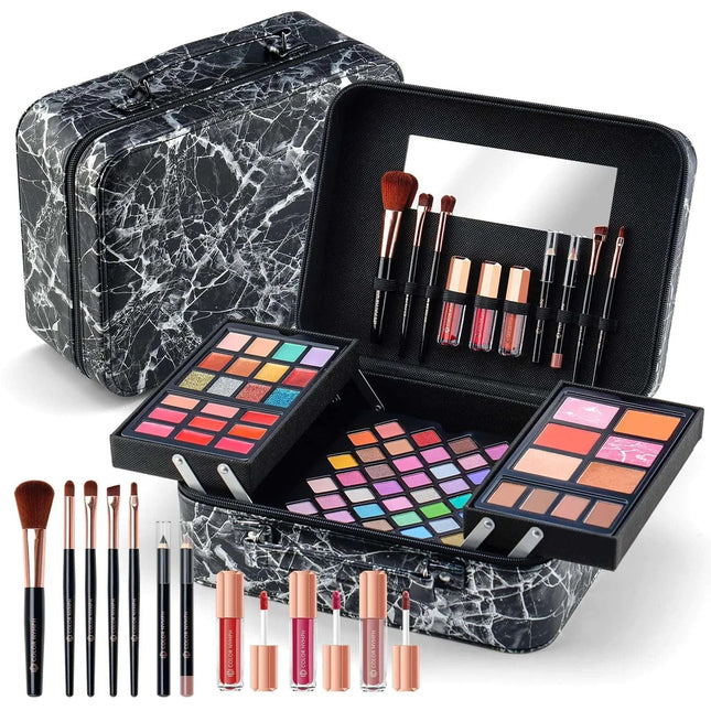 Makeup Kit for WomenAll in One Makeup Gift Set for Girls in Cosmetic Train Case (Black) With MirrorFull Cosmetic Kit Includes Eyeshadow PaletteLipglossBlushesPencilBrush Applicators - Royalessencelux