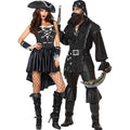 Male pirate costume halloween set featuring black corseted top with lace-up front, ruffled shirt, pants, and skull belt
