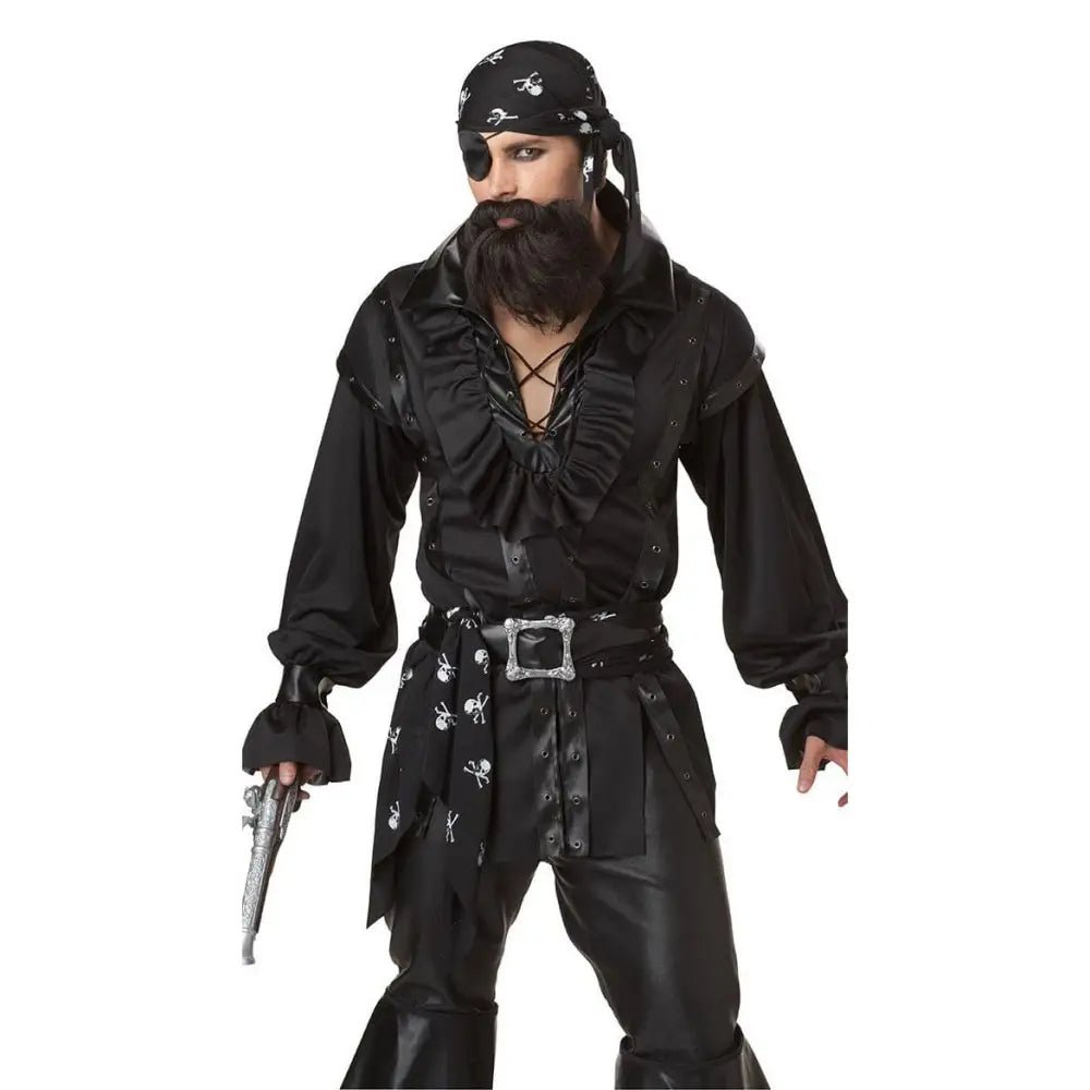 Male pirate costume featuring black fabric with skull and crossbones pattern on bandana shirt and belt buckle for halloween cosplay