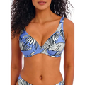Blue and white tropical leaf patterned mali beach tropical high apex bikini top with supportive design