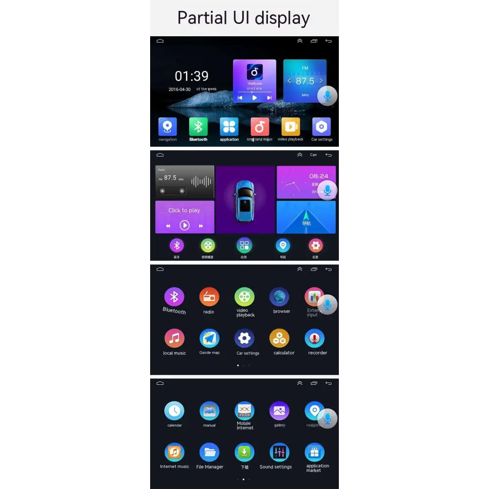 Purple-themed manual air conditioner android wifi 4g carplay system interface with app icons and digital clock for ford focus