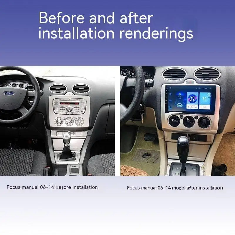 The manual air conditioner wifi 4g carplay system with touchscreen and silver bezel installed in ford focus center console