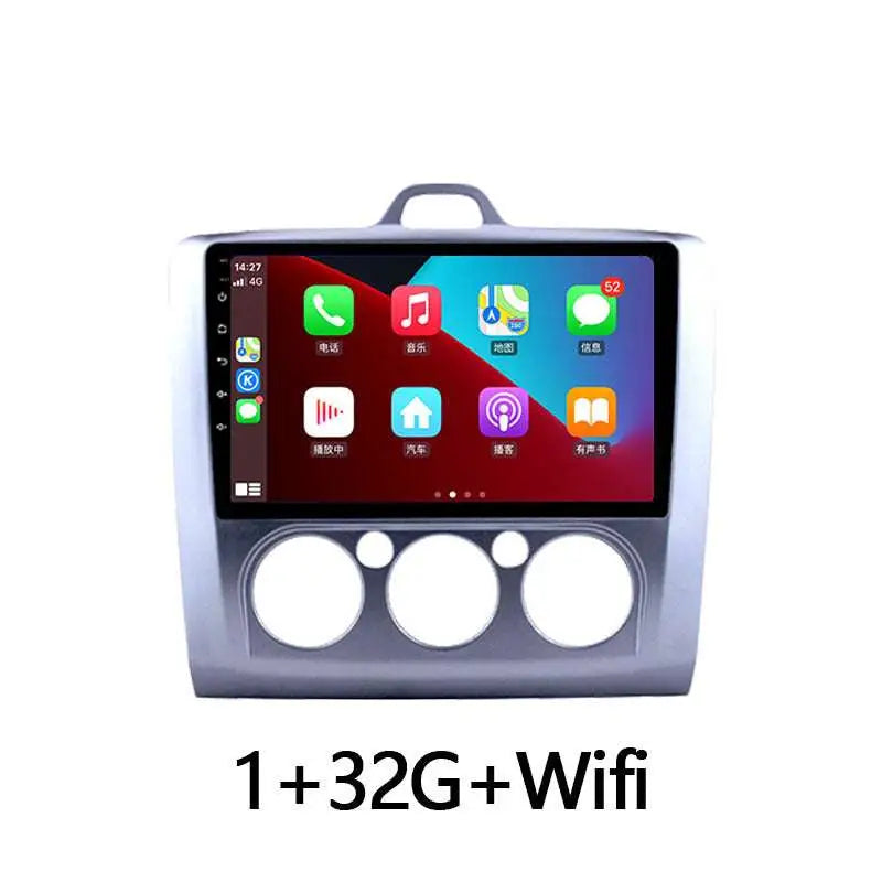 Silver-framed manual air conditioner android wifi 4g carplay system with touchscreen and speaker cutouts for ford focus