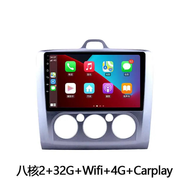 Silver-framed manual air conditioner android wifi 4g carplay system with touchscreen and speaker cutouts for ford focus