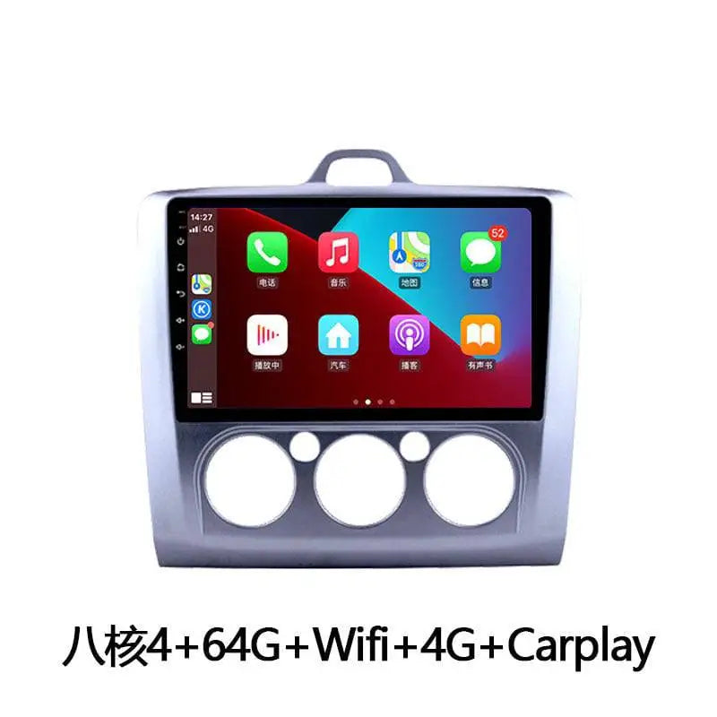 Silver-framed manual air conditioner android wifi 4g carplay system for ford focus with touchscreen and speaker cutouts