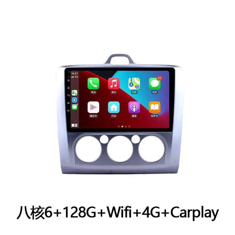 Silver car stereo with touchscreen and three circular vents for manual air conditioner wifi 4g carplay ford focus system