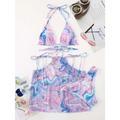 Pastel pink blue and purple marbled bikini 3-piece beach skirt set with adjustable tie straps for summer wear