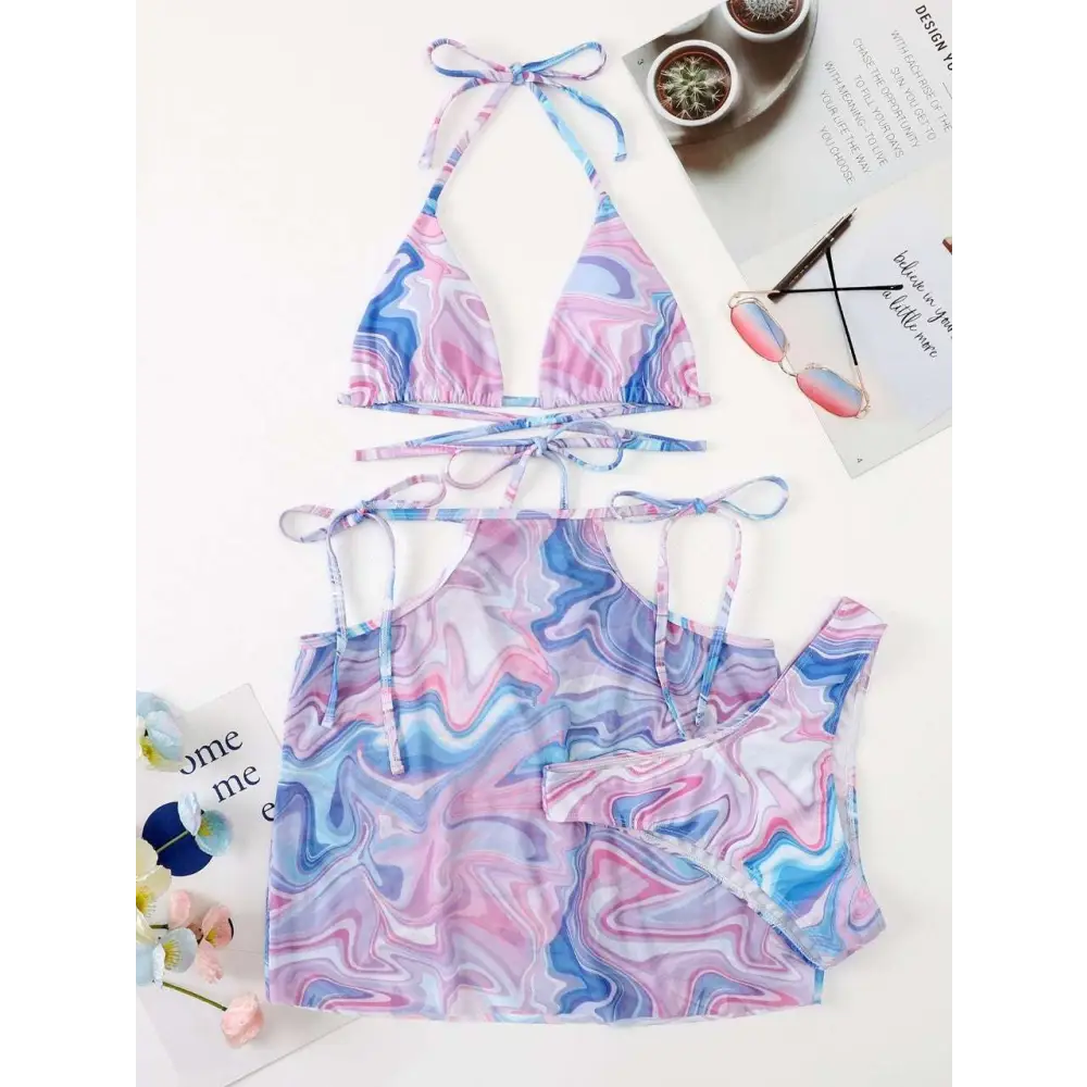 Pastel pink blue and purple marbled bikini 3-piece beach skirt set with adjustable tie straps for summer wear
