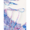 Pastel blue and pink wavy bikini top with tie straps from marbled pink and blue bikini 3-piece beach skirt set