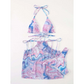 A marbled pink and blue bikini 3-piece beach skirt set with a vibrant abstract halter top and matching cover-up