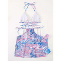 A vibrant bikini 3-piece beach skirt set with a marbled pink and blue abstract pattern featuring a halter top and skirt