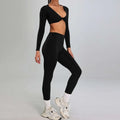 Black long-sleeved crop top with deep v-neck and front twist paired with matching high waist suit for outdoor running nude set