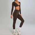 A solid brown high waist suit two-piece sports suit outdoor with long-sleeved crop top and twisted front detail