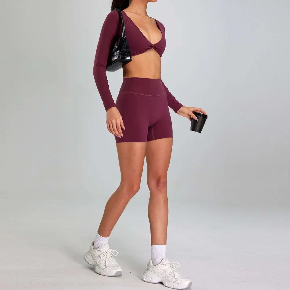Maroon two-piece long-sleeved crop top and high waist shorts sports suit outdoor running nude set for women