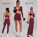 Maroon two-piece long-sleeved crop top and high waist shorts sports suit outdoor running nude set for women
