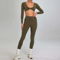 Olive green long-sleeved crop top with twisted front and matching high waist leggings in a running nude set
