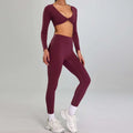 Maroon high waist suit consisting of a long-sleeved crop top and matching leggings ideal for sports suit outdoor running nude set