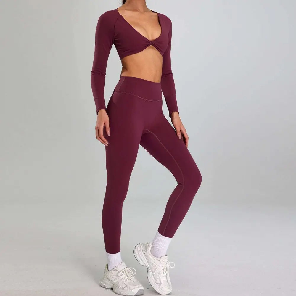 Maroon high waist suit consisting of a long-sleeved crop top and matching leggings ideal for sports suit outdoor running nude set