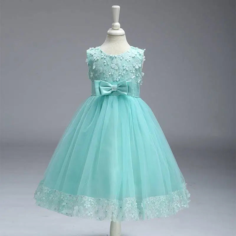 Mint green sleeveless girls princess dress with lace appliqués satin bow and tulle summer skirt kids style