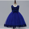 A royal blue girls princess dress with lace bodice and hem and matching satin bow, ideal as a summer skirt kids wear