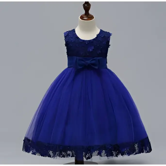 A royal blue girls princess dress with lace bodice and hem and matching satin bow, ideal as a summer skirt kids wear