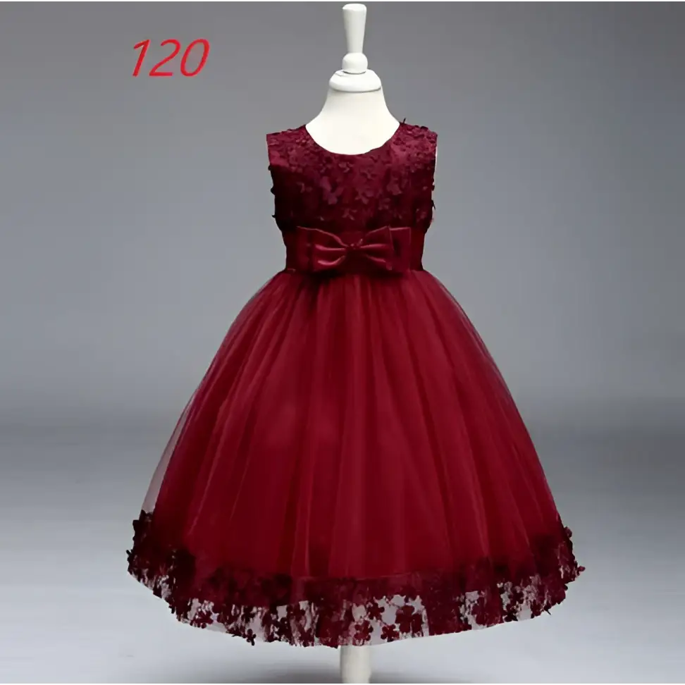 Maroon lace girls princess dress with tulle skirt and matching satin bow perfect for flower girl occasions