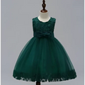 Emerald green sleeveless girls princess dress with lace bodice bow waist and tulle summer skirt kids design