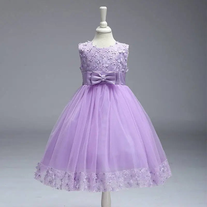 Girls princess dress featuring lavender floral lace with a tulle summer skirt and matching bow belt in maroon lace style