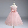 Delicate pink tulle girls princess dress with floral lace appliqués and satin bow ideal for summer skirt kids wear