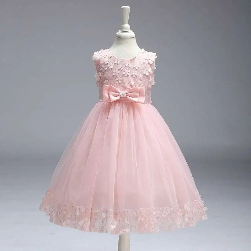 Delicate pink tulle girls princess dress with floral lace appliqués and satin bow ideal for summer skirt kids wear
