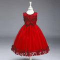 Maroon lace girls princess dress featuring red floral lace tulle and a satin bow at the waist for special occasions