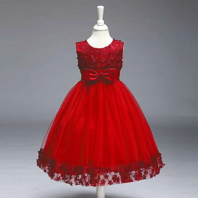 Maroon lace girls princess dress featuring red floral lace tulle and a satin bow at the waist for special occasions